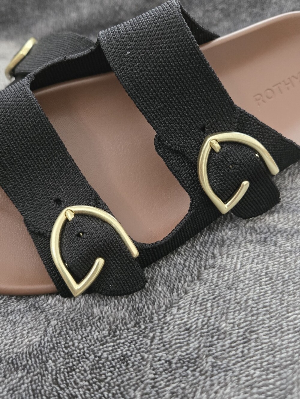 Rothy's The Buckle Slide Black Knit Sandal Gold Hardware Size 10 Washable - Picture 6 of 12